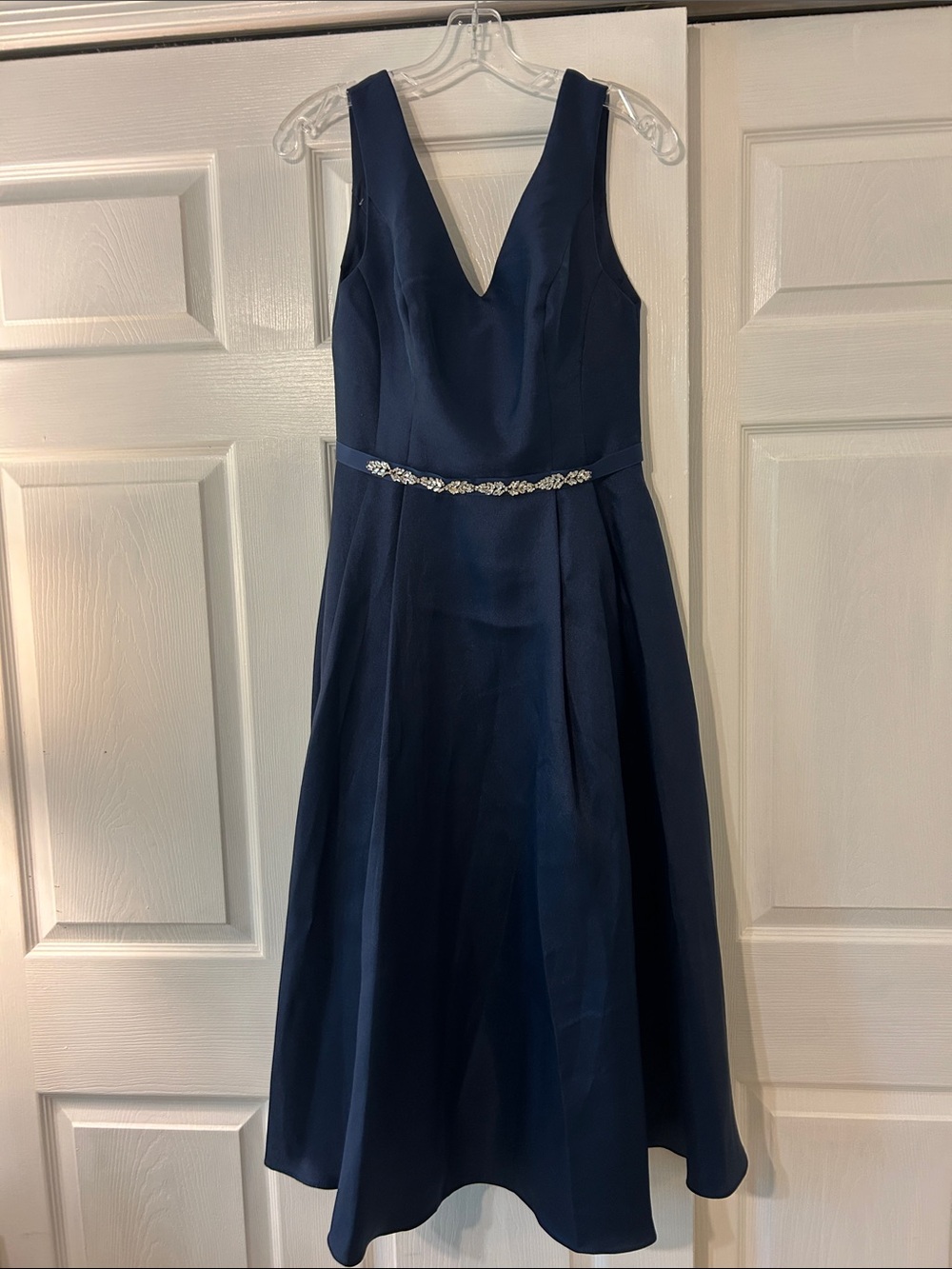 Oleg Cassini Navy V-Neck Midi Dress with Crystal Waistband